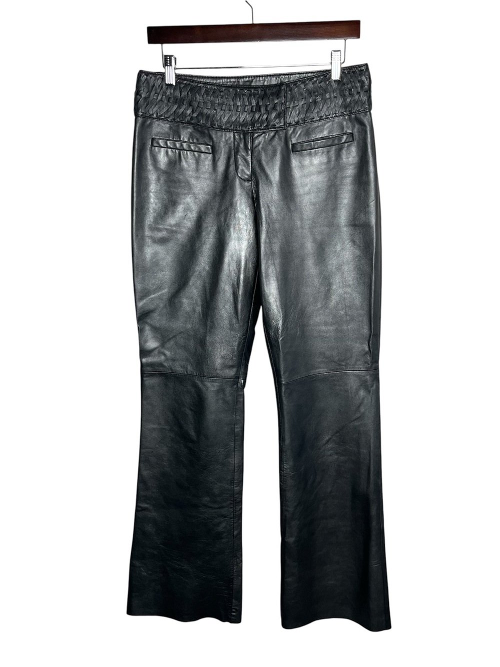 Y2K Vintage Cache Metallic Grey Braided Waistband Low Rise Leather Pants
